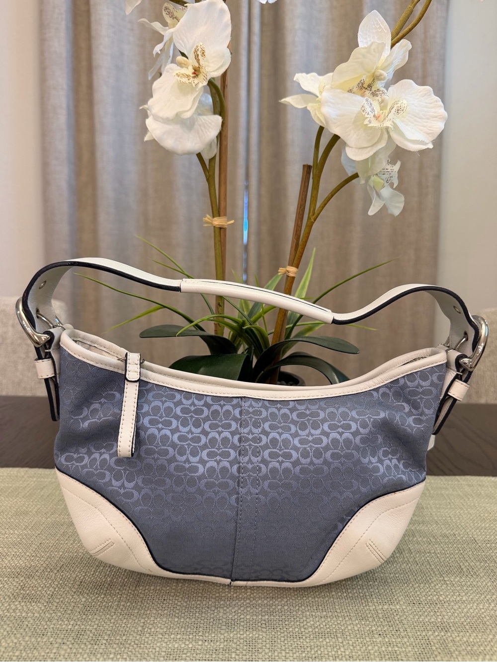 Coach blue and white small soho hobo with silver hardware